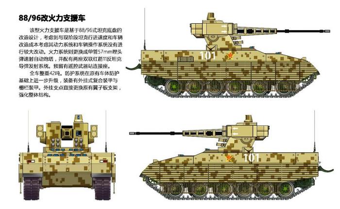 以88坦克为底盘改装坦克支援车的一种设想。为了增加开墙打洞和压制敌方重火器的能力,故将主武器换成了57毫米口径火炮。