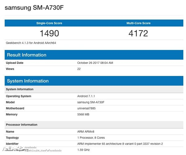 三星Galaxy A7(2018)现身GeekBench跑分数据库:Exynos 7885+6GB RAM