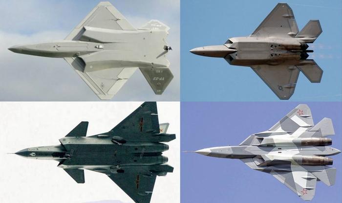 YF-23(左上)、F-22(右上)、歼-20(左下)苏-57(右下)
