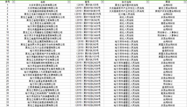 黑龙江省高级人民法院公布2019年第十一批失信被执行人名单(发布截止日期20191114)