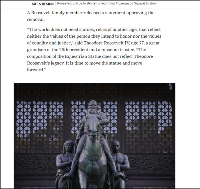截图来自《纽约时报》关于老罗斯福后人表态的报道