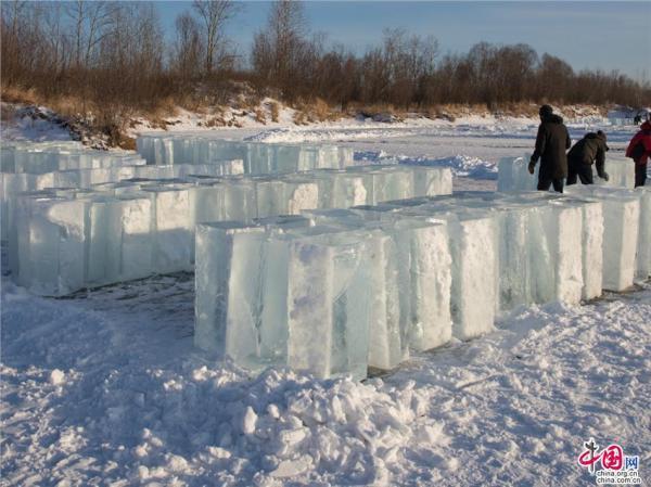 实拍黑龙江漠河震撼取冰现场 250人取出2500余块冰