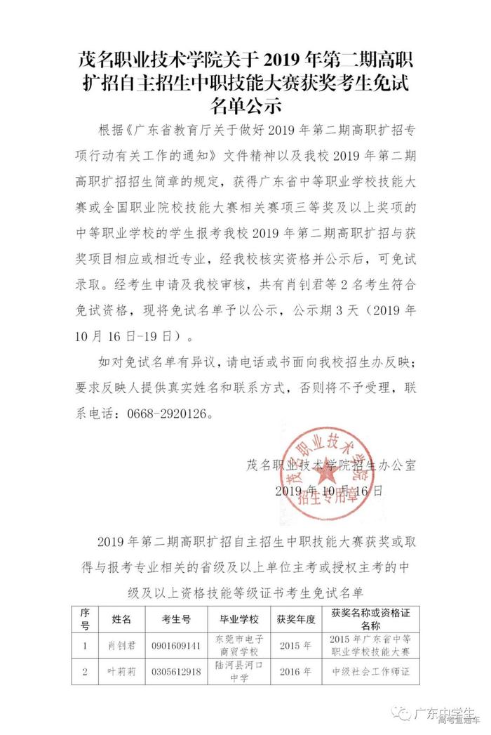 免试上大学！2019广东高职扩招新生免试入学名单公布，有你的名字吗？