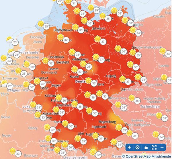 7月31日的德国各地最高气温。来源:www.wetter.de