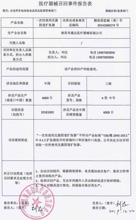 南昌市通达医疗器械召回6000只“一次性无菌阴道扩张器”