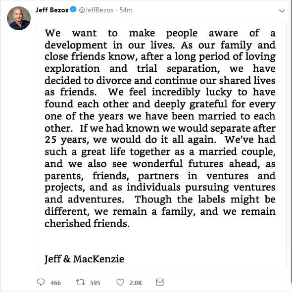 亚马逊CEO贝索斯在社交网络宣布离婚。