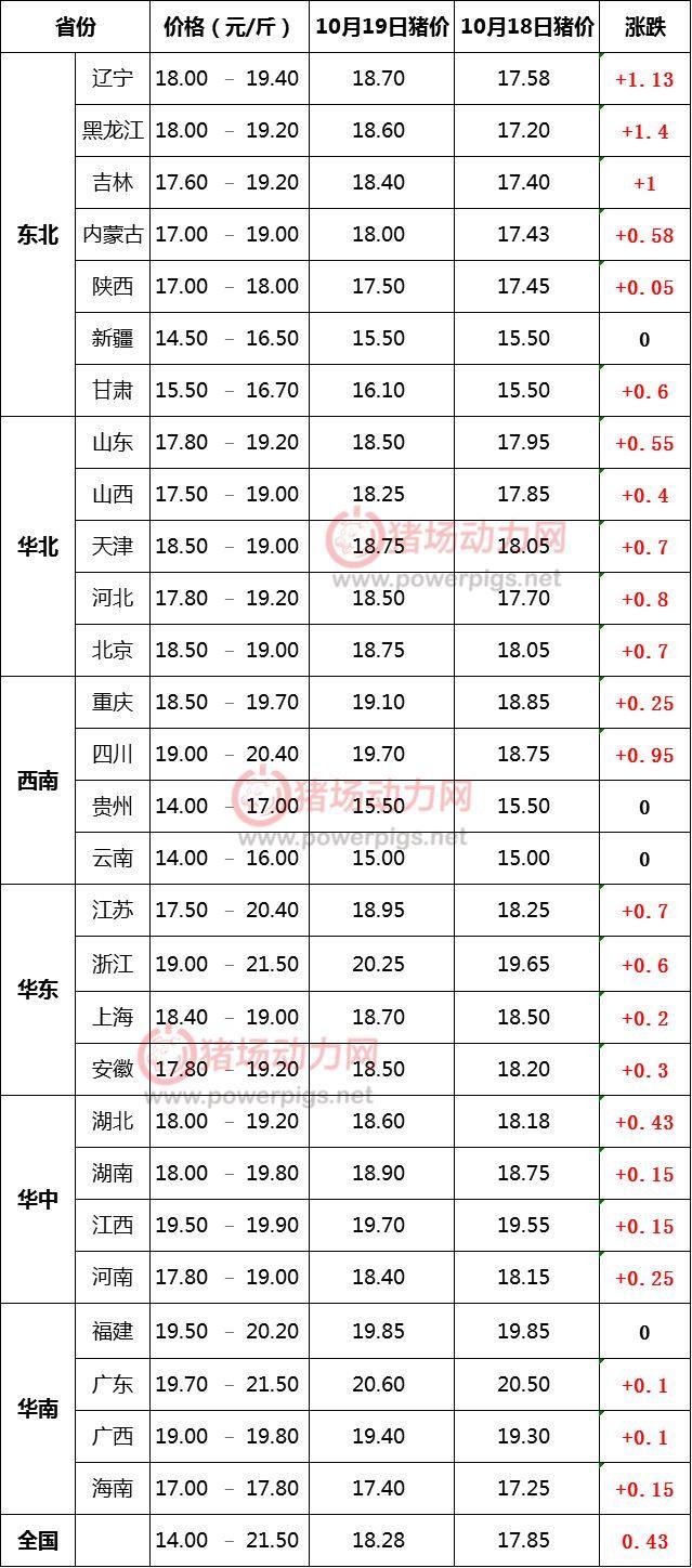 10月19日全国猪价一片红，多地涨幅超1元/斤