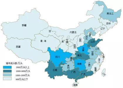图 18中国生猪养殖区域分布图(2016年数据)