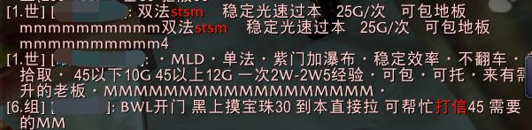 提供各种付费升级、任务、装备服务的世界频道广告