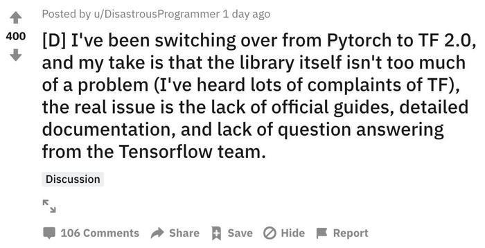 我太难了！Reddit网友吐槽：从PyTorch转投TensorFlow后，没人搭理我的问题