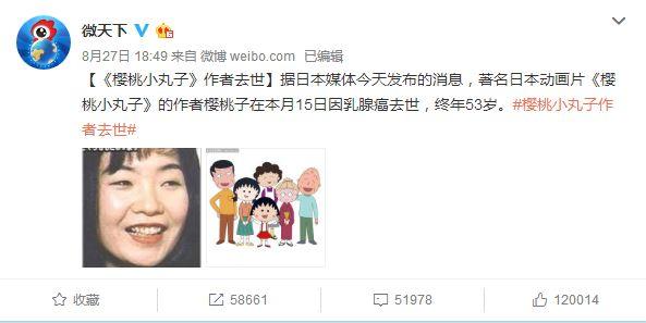 《樱桃小丸子》的作者樱桃子53岁因为乳腺癌不幸离世