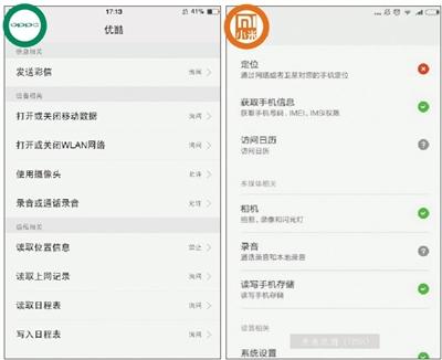 在OPPO(左图)、小米(右图)手机应用商店首次下载打开优酷时开启的权限。