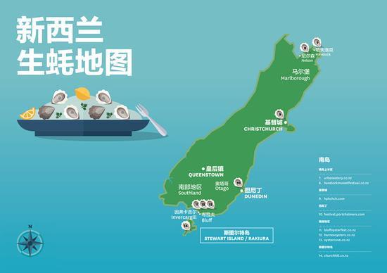 新西兰南岛生蚝地图。来源:新西兰旅游局