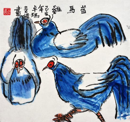 (中国画《蓝马鸡》,作者:卓玛青措,六年级)