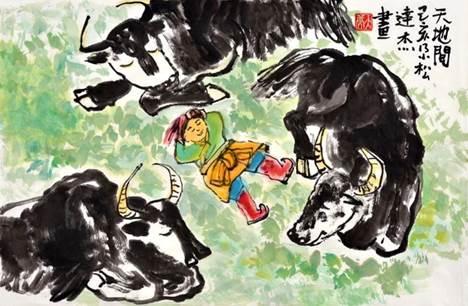 (中国画《天地间》,作者:尕松达杰,玉树第一完小六年级)