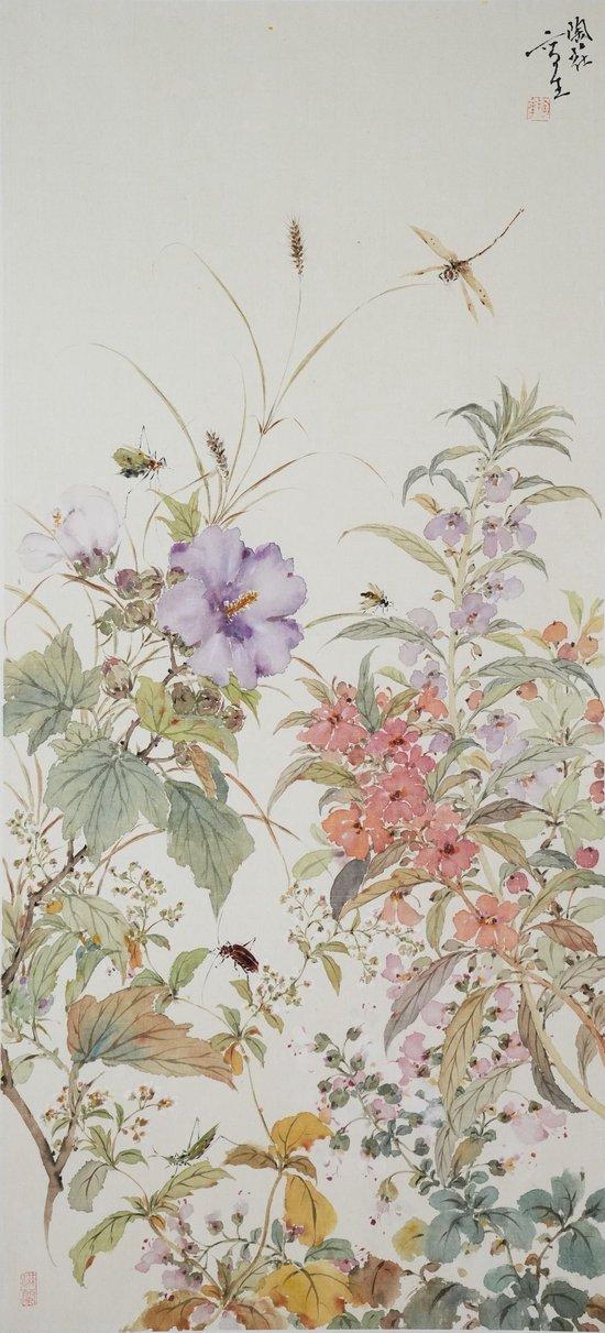 陶花 《草间生趣之一》 69cm×32cm 中国画