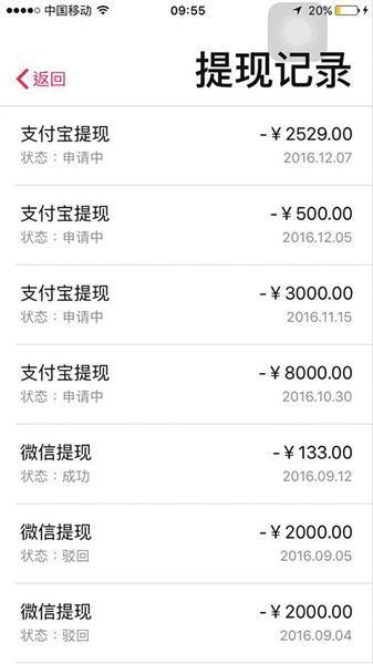 咸蛋家某用户部分提现记录(截至12月7日)