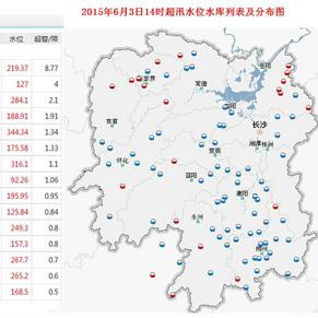 (3日14时,湖南省超汛水位水库列表及分布图.