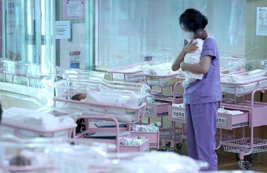 ▲韩国首尔，某公共产后调理院新生婴儿室，部分摇篮空置。据视觉中国
