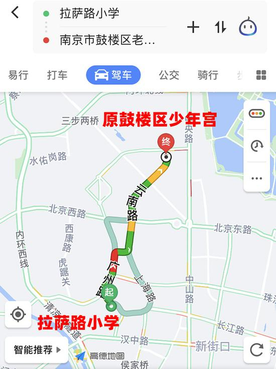 拉小六年级拟搬迁示意图，全长3公里左右，穿过闹市区。