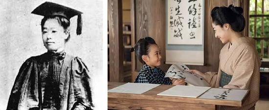 左图：1890年获得学位的津田梅子 右图：影视剧中的梅子