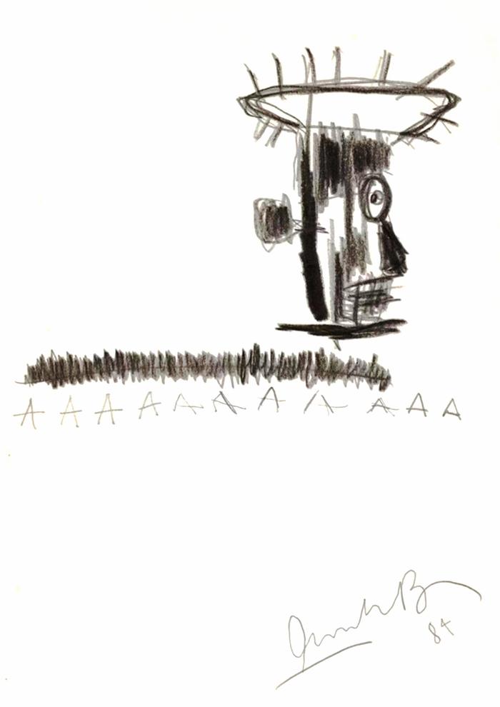 　　Jean-Michel Basquiat 让·米歇尔·巴斯奎特《Head with Crown of Thorns》综合材料 mixed media 21 × 15cm 1984