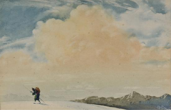 拜尔斯沃·森，《 艰苦跋涉的夏尔巴》， 纸上水彩、蛋彩 ，8.5×5.5cm，1914年，印度国家现代艺术馆藏