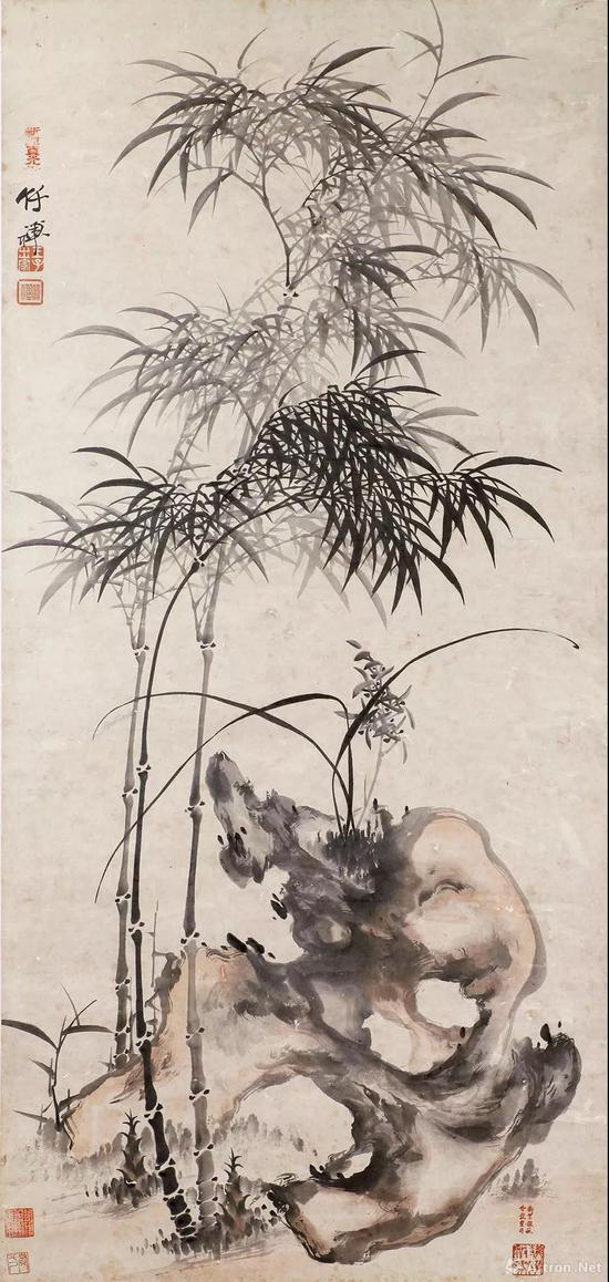 清代 &nbsp;竹禅《竹石兰草图》立轴 &nbsp;纸本设色 &nbsp;135×64厘米 &nbsp;宝光寺藏
