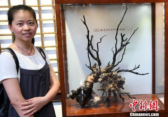 一名年轻女观众与参展海柳雕艺术精品合影　记者刘可耕 摄