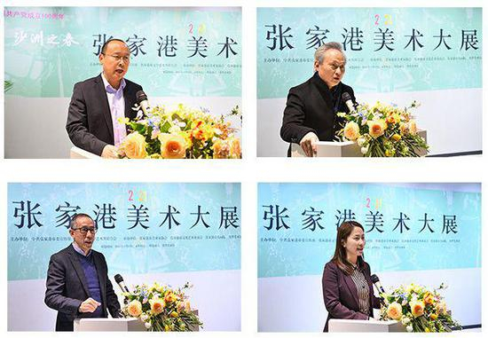 　　左上：张家港市文联党组书记、主席钱梁斌介绍展览筹备情况；右上：苏州市美术家协会名誉主席、苏州国画院名誉院长周矩敏致辞 ；左下：苏州工艺美术学院副书记曹雪明致辞；右下：张家港市委常委、宣传部长朱艳女士致辞并宣布画展开幕