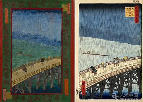 左：文森特·梵高，《雨中的桥》，1987，阿姆斯特丹梵高美术馆馆藏&nbsp;&nbsp; 右：歌川広重，《大桥骤雨》，1857 