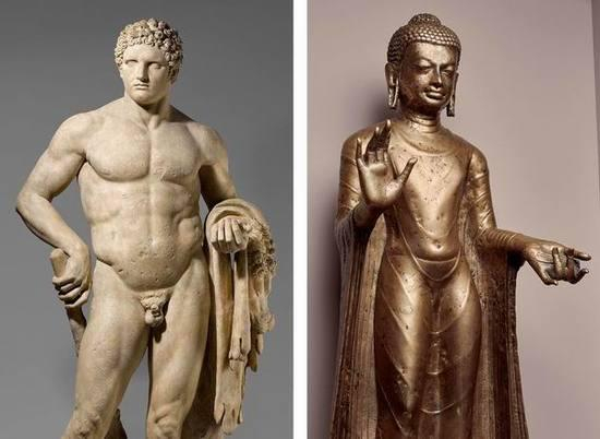左：青年赫拉克勒斯的大理石雕像，右：提供庇护的佛