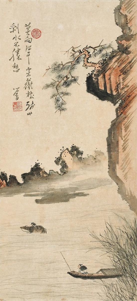 掛け軸】「絹本 山水茅亭図 溥儒 西山逸士」中国 清代画家 肉筆