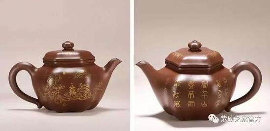 清中期 朱泥诗文山水六方莲子壶