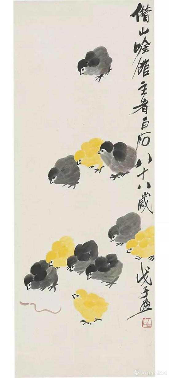 齐白石&nbsp;《雏鸡》 设色纸本 立轴 94.7 x 35.6 cm。