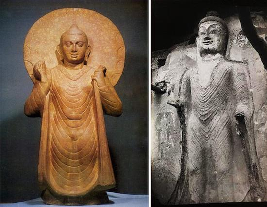 U字立佛像，秣菟罗博物馆藏（左） 炳灵寺立佛像（右）