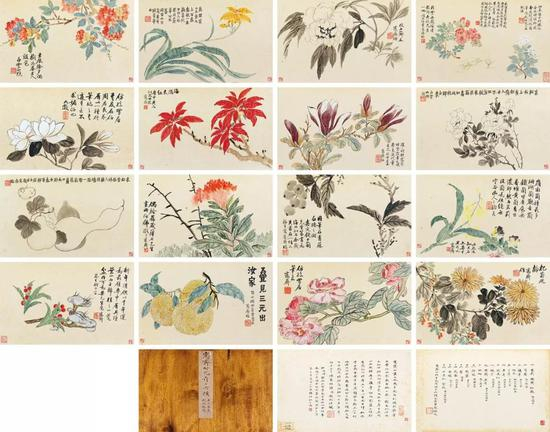 吴大澂 仿古花卉十六帧册 册页（十六开） 设色纸本、水墨纸本 画：20.2×35.7 cm（每幅）&nbsp; 字：26×39.5 cm（每幅） 成交价：RMB 5，175，000