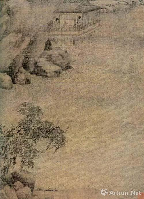 　　亭后山势陡峭，巨石嶙峋，往左上延伸。亭左一瀑布注入溪水。蜿蜒山径将前景引至远方雾气弥漫的河谷，雁阵掠空。