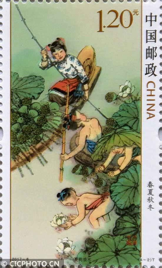 　　↑3月20日在中国邮政集团公司邯郸市分公司拍摄的《春夏秋冬》特种邮票之《夏荷戏水》。CICPHOTO/郝群英 摄