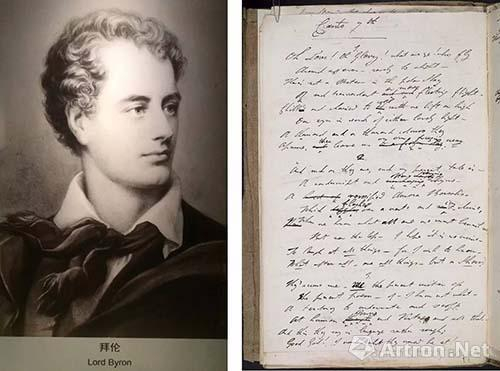 拜伦肖像（左）、拜伦《唐·璜》手稿（右）