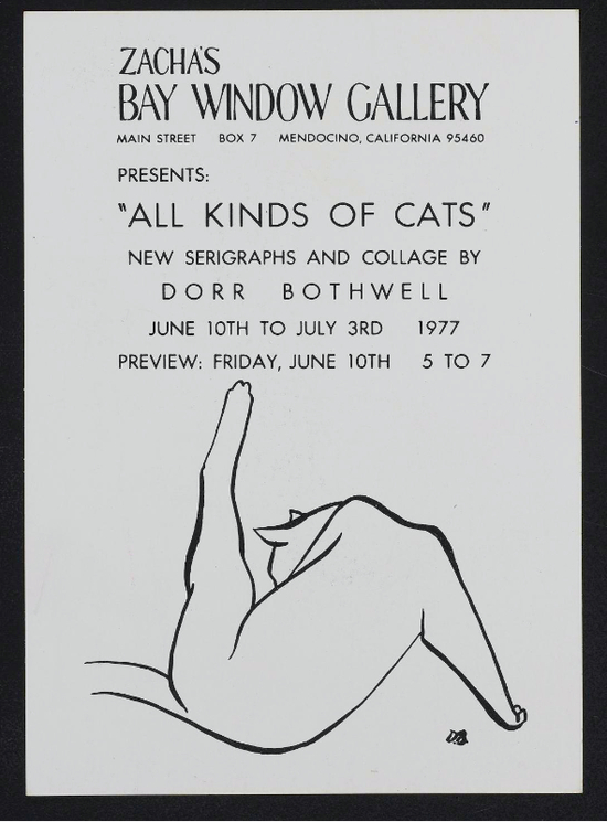 　　Dorr Bothwell， “All Kinds of Cats&quot；展览公告。加州Mendocino Zacha'；sBay Window画廊（1977）。图片：致谢 the Archives of American Art， Smithsonian Institution