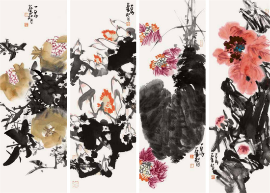 《花果四条屏》&nbsp;&nbsp;100cm×35cm×4&nbsp;&nbsp;2010年