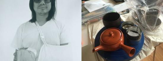 左：Rikrit Tiravijana。右：绿茶是他的生命之源。图片：致谢艺术家