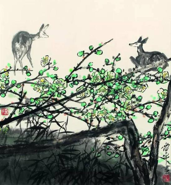 《绿梅双鹿》&nbsp;张雷平&nbsp; 国画45cm×48cm