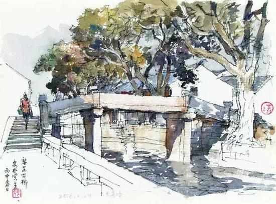 《黎里古桥写生》&nbsp;张安朴&nbsp;水彩画18cm×25cm