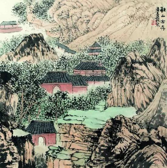 《秋山古寺》&nbsp;周逸范&nbsp;国画52cm×52cm