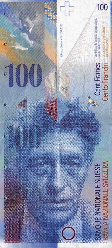 瑞士100法郎纸币上的贾科梅蒂的肖像。（图片来源：资料图） 