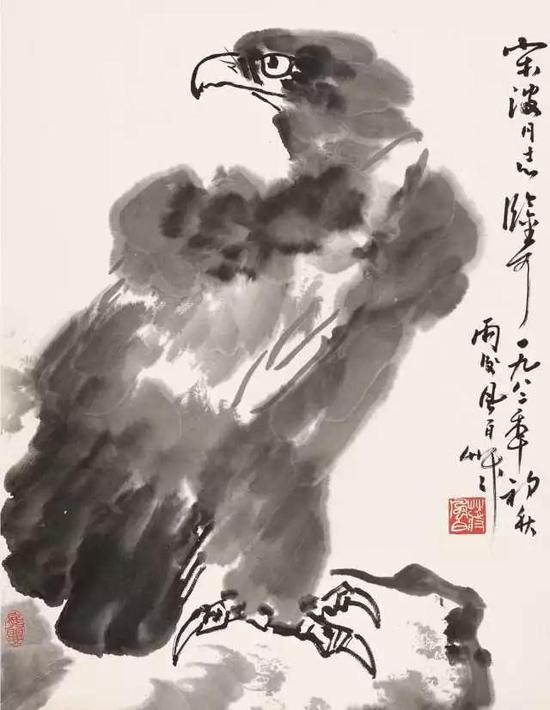 　　147 蒋风白（1915-2004） 雄鹰图 水墨纸本 立轴 1982年作 题识：宋波同志鉴可，一九八二年初秋雨後，风白草草。 钤印：蒋风白、龙婴 57×44cm 约2.3平尺 RMB： 5，000-8，000