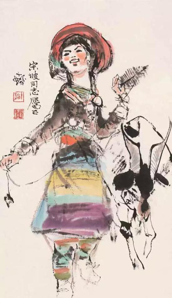 　　146 程十髮（1921-2007） 少女牧牛图 设色纸本 立轴 题识：宋坡同志属正，十髮。 钤印：十髮、程潼 68×39cm 约2.4平尺 RMB： 80，000-120，000