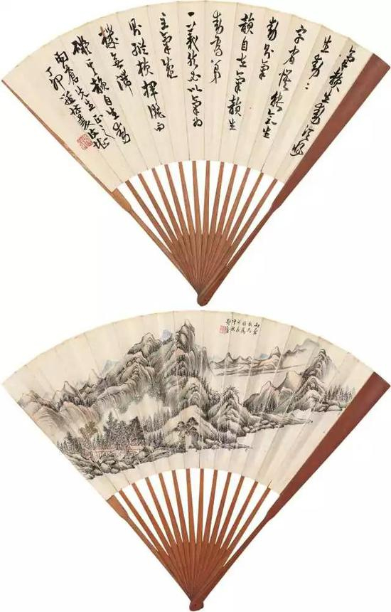 　　141 罗复戡（1872-1955） 金焕章 青山碧壑·行书 设色纸本 成扇 画款：雨苍我兄雅属，戊辰仲秋，静盦。钤印：金焕章印 书款：气韵生动须将生动二字省悟。能会生动，则气韵自在。气韵生动为第一义，然必以气为主。气盛则纵横挥洒，而机无滞碍，其韵自生动。雨苍先生正之。丁卯罗惇暖复堪。钤印：复翁 说明：1。上款人应为陈璧（1852-1928），字玉苍、雨苍，晚号苏斋，福建侯官人，光绪进士。历任中阁中书，户部侍郎，邮电部尚书兼参预政务大臣。有《望岩堂奏稿》。 2.lo141-143为同一上款及同一藏家友情提供。 简介：一、罗复戡，名惇，字孝谷，号照岩、复堪（一作复戡），广东顺德人，书法家、画家、诗人，民国时期北京“四大书法家”之一。是康有为弟子。擅长章草。 二、金焕章，字任君，崇明人。精于诗词书画，久富盛誉。 20×48cm 约0.9平尺 RMB： 20，000-30，000